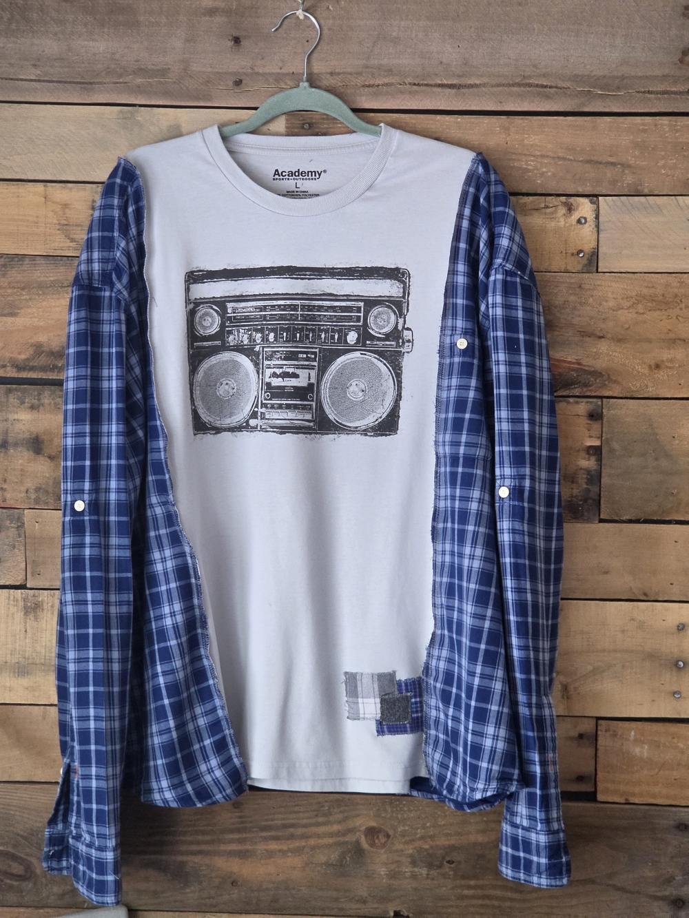 Upcycled White Graphic Tee with Blue Plaid Sleeve Detail